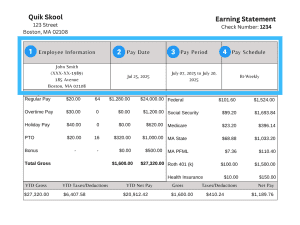 Employee and pay details section on pay stub. 