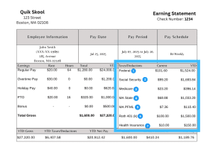 Taxes and deduction section of pay stub. 