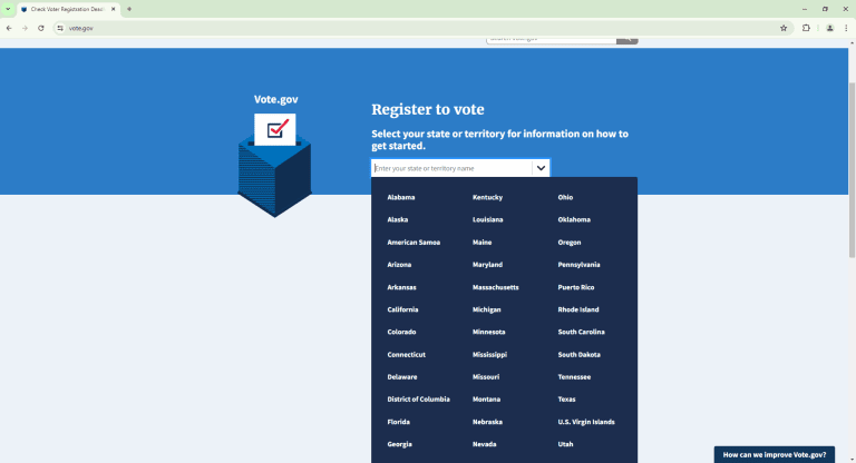 Select state of residence where you'll vote. 