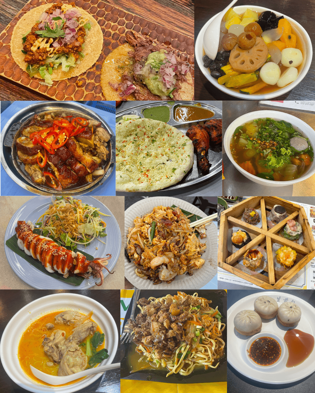Assorted street food dishes from Southeast Asia including noodles, rice, skewers, and fresh vegetables, highlighting cheap and authentic local meals.