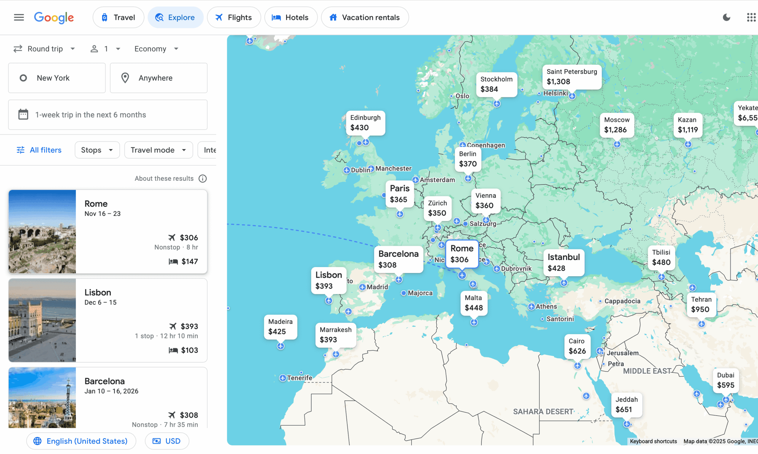 Google Flights Explore map showing cheap flight options from the United States to destinations worldwide.