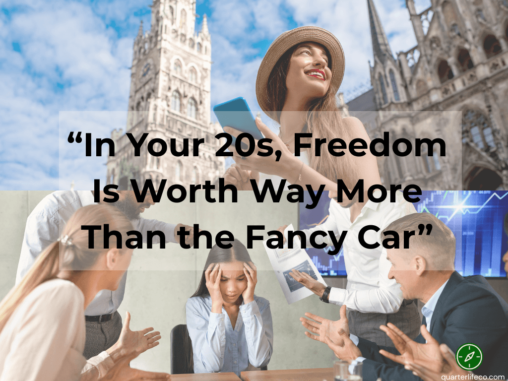 Split-screen image comparing freedom vs car payment. Top shows a happy young woman traveling with freedom; bottom shows a stressed woman at work overwhelmed by colleagues. Highlights how car payments tie you down while cheaper cars give flexibility.