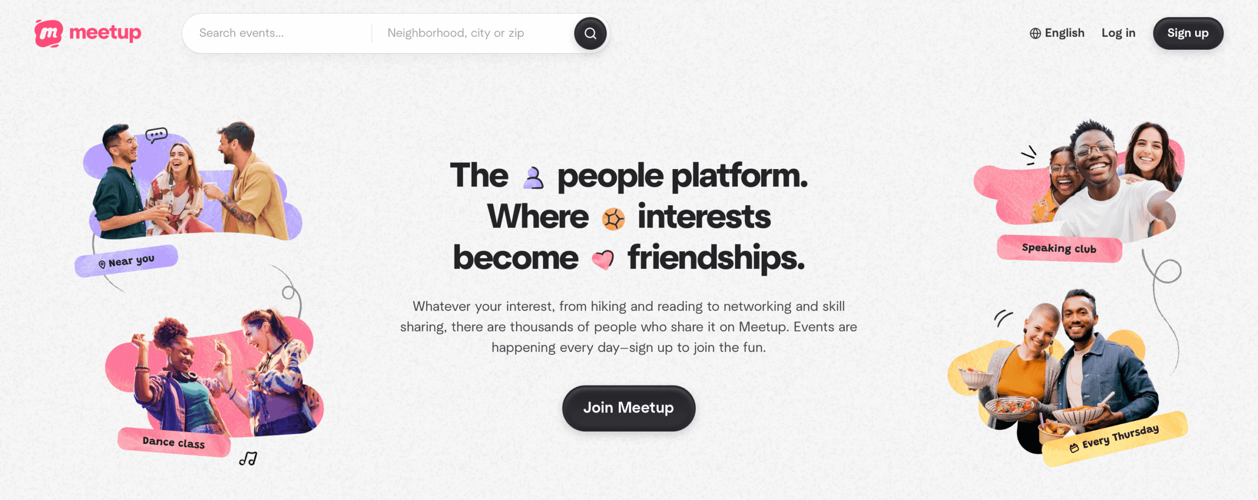 Screenshot of Meetup.com homepage showing local events, groups, and activities that people can join to meet others with shared interests.