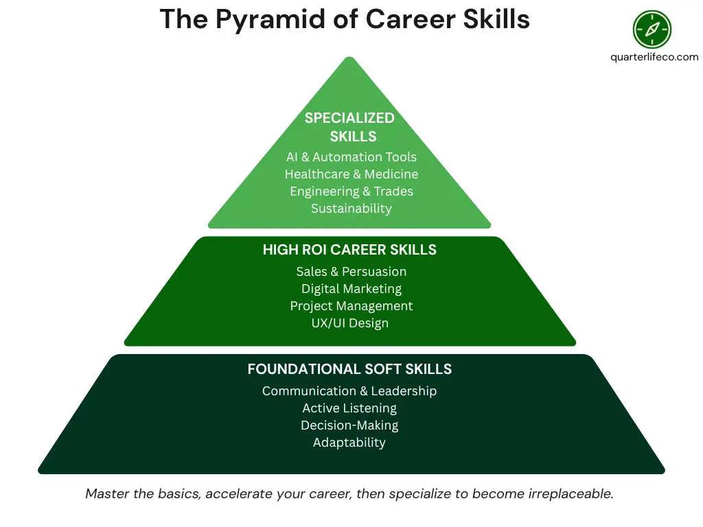 Infographic pyramid of career skills in your 20s, from foundational soft skills to high ROI career skills and specialized, future-proof skills.