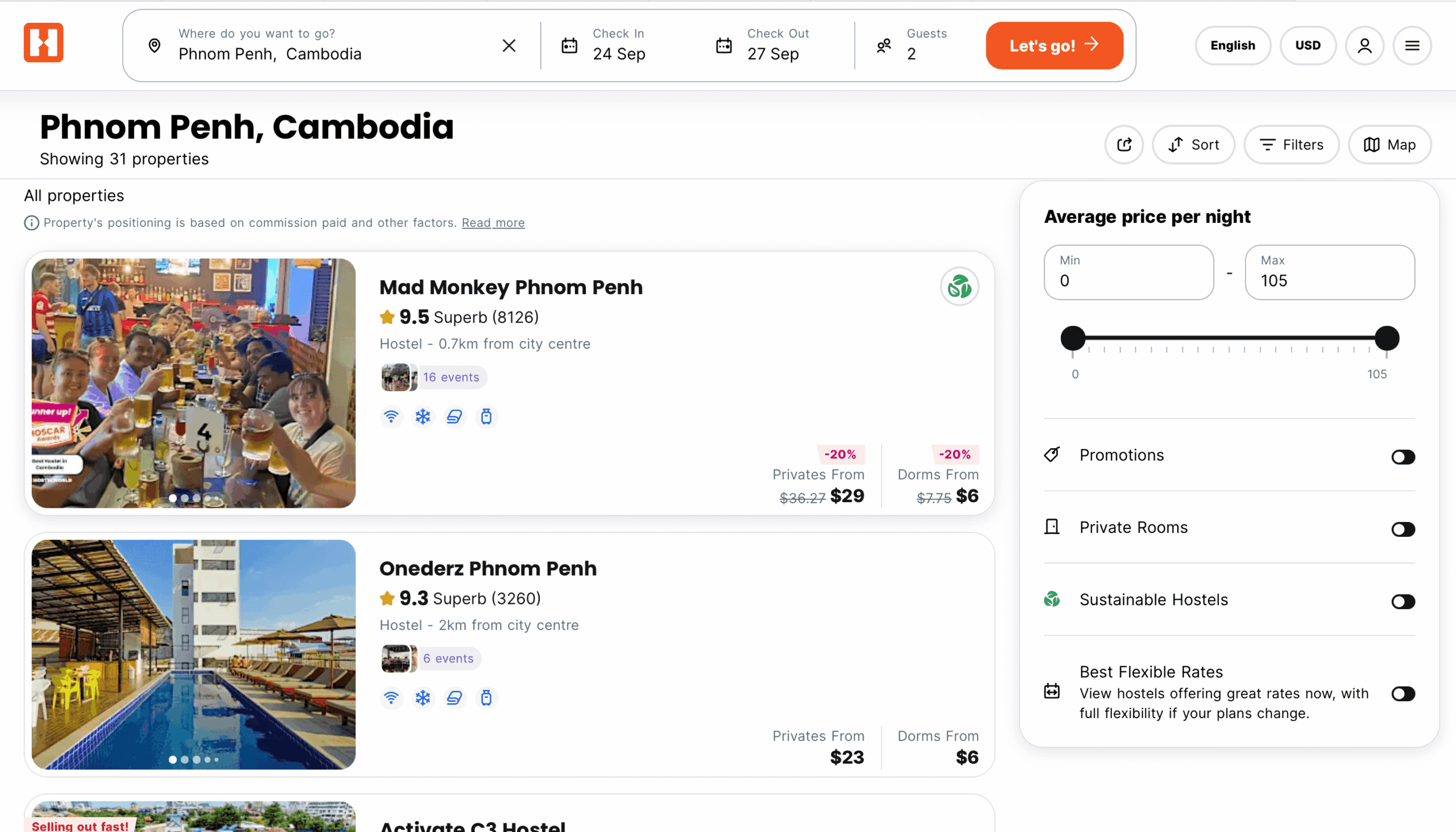 Screenshot of Hostelworld showing budget hostel beds in Southeast Asia for under $10 per night.