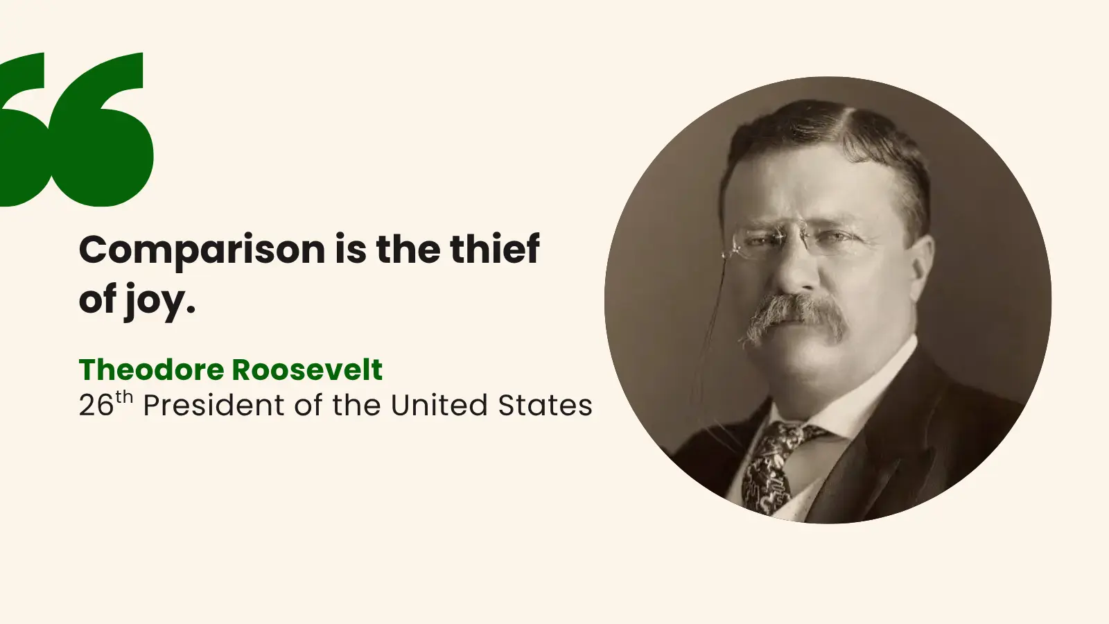 Theodore Roosevelt with the quote “Comparison is the thief of joy,” highlighting the dangers of comparing yourself to others in your 20s.