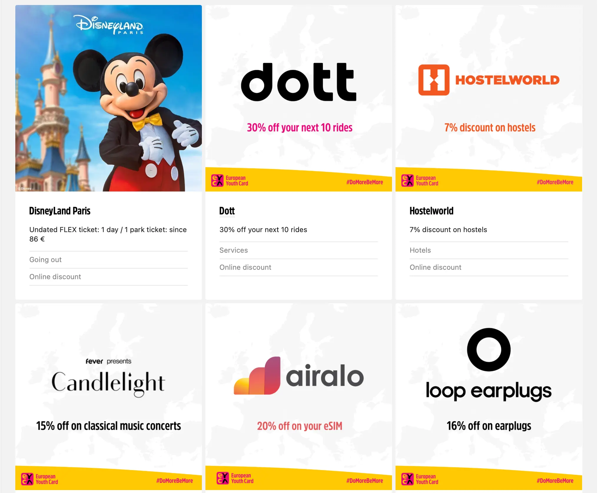 European Youth Card website showing travel and cultural discounts for young adults in Europe