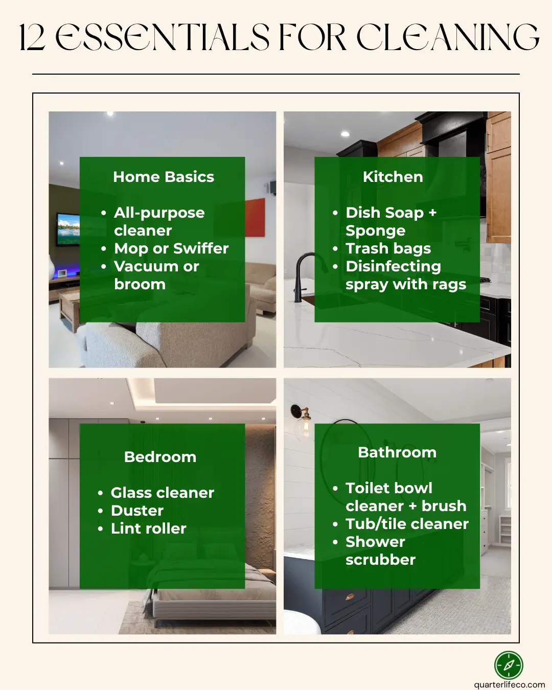 Infographic titled “12 Essentials for Cleaning,” showing four categories of cleaning supplies for a first apartment: home basics, kitchen, bedroom, and bathroom, each with three recommended products.