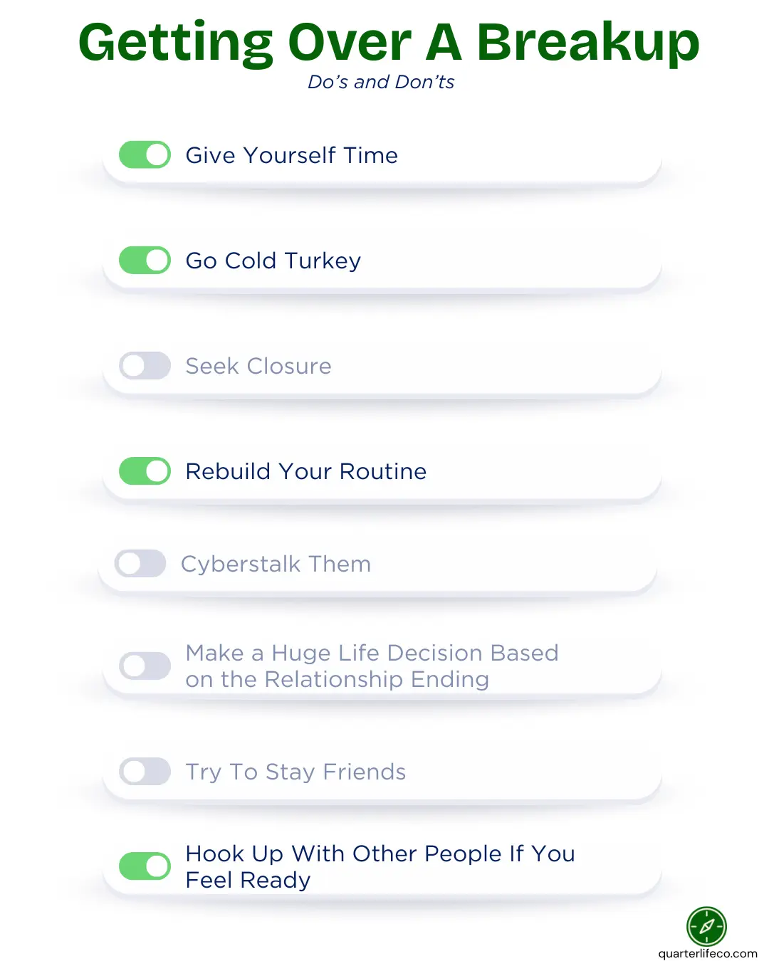 Infographic showing do’s and don’ts for getting over a breakup, with toggle-style switches showing healthy versus unhealthy actions like giving yourself time, going cold turkey, avoiding closure, and rebuilding your routine.